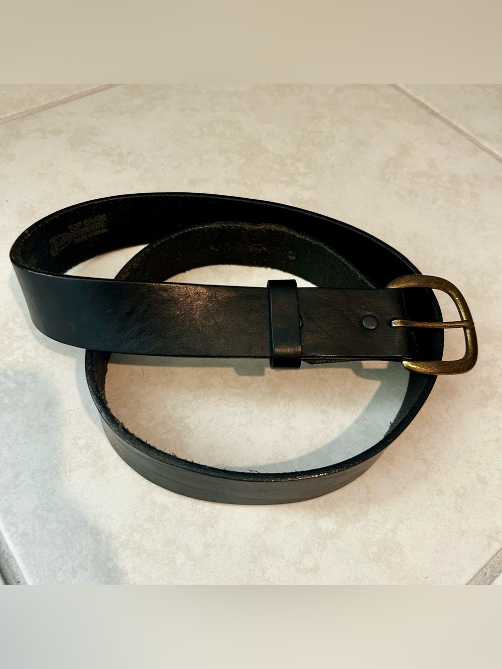 JUSTIN Belt Mens 36 Black Top Grain Leather Made in USA Brass Buckle Cowhide
